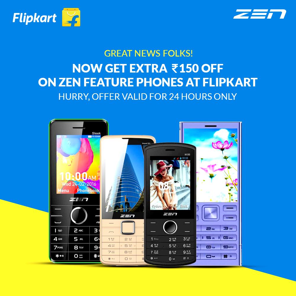 ZenSmartPhone's tweet photo. Have you heard the news guys? Zen feature phones are now available on Flipkart with an additional discount of Rs 150. So get your fingers clicking coz this offer’s valid for 24 Hours only! https://t.co/QaKli5OwQc https://t.co/VDiMpV9YBM