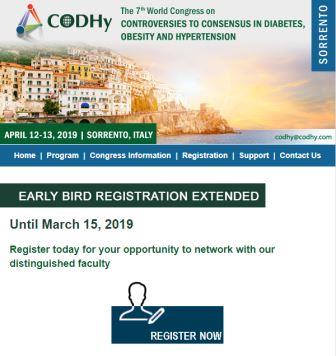 Codhycongress's tweet photo. Early bird registration is now extended to March 15, 2019 
Stay updated on all CODHy Europe news - https://t.co/D9gWoTew5W 
#CODHy #diabetes #hypertension #obesity #Sorrento https://t.co/jEXSpkED7s