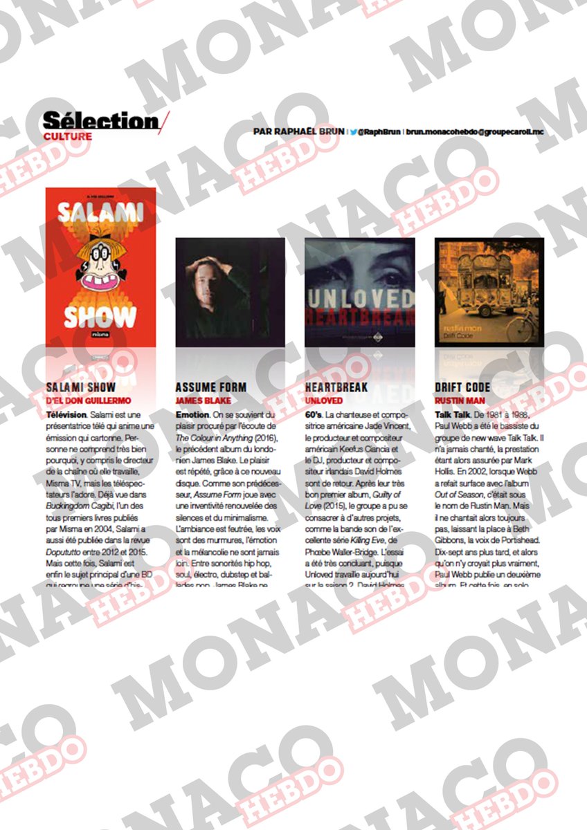 RaphBrun's tweet image. #CultureSelection is in @monaco_hebdo n°1095 ! With @weareunloved @jamesblake #RustinMan 
@kulig_joanna and many others ! cc @cinephileActus @MehdiOmais @Geopol_Analisi @BadLionGold @philippe_rouyer @oliviertesquet @JeanJacky @QueenLeo_1 @sophie_queval @Fnac @RealEOC @cineMoiJe