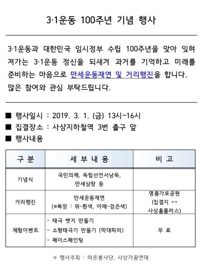 부산 사상에서는 3.1운동 기념식이 없었습니다. #100주년 인데 비록 규모가 작더라도 기념식도 하고 만세삼창도 하자는 의견들이 나와 준비했습니다. 독립선언서도 읽어보고 태극 뱃지 만들기, 페이스 페인팅, 소형  태극기 만들기 등 체험활동도 겸합니다. 우리아이들과 함께 해주십시오. 감사합니다.