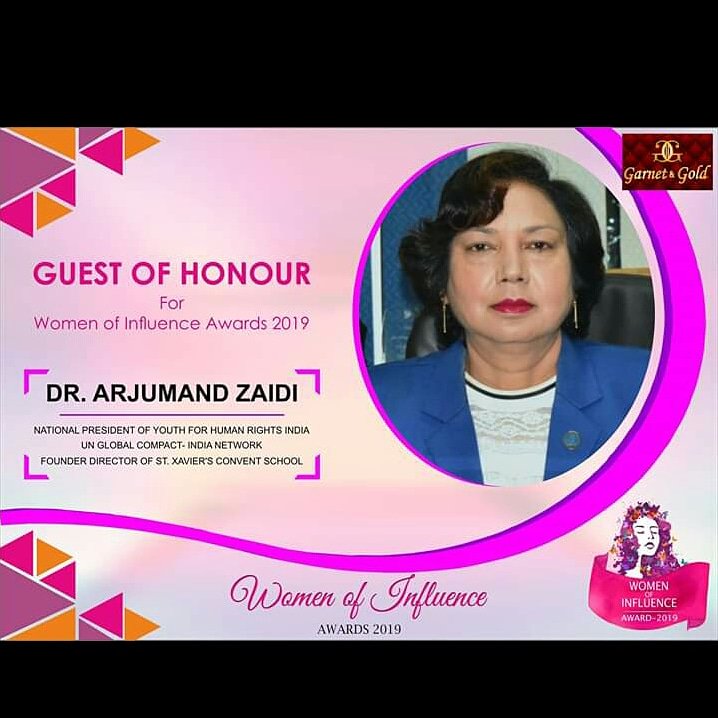 WomenOfInfluen3's tweet photo. It's a honorable moment for Garnet &amp; Gold to announce Dr. Arjumand Zaidi, National President of Youth For Human Rights India, UN GLOBAL COMPACT- INDIA NETWORK and Founder Director of St. Xavier's Convent School as our prestigious Guest of Honor.

#GarnetnGold #WomenofInfluence https://t.co/d3mTppNBeT