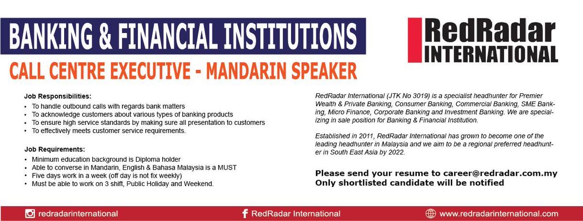 _Mafareez's tweet photo. Position: Customer Service Executive (Mandarin Speaker)
Location: Bukit Jelutong, Shah Alam
Salary Package: RM2,200 - RM3,500

Interested email resume > fareez@redradar.com.my https://t.co/riCLEq6Deh