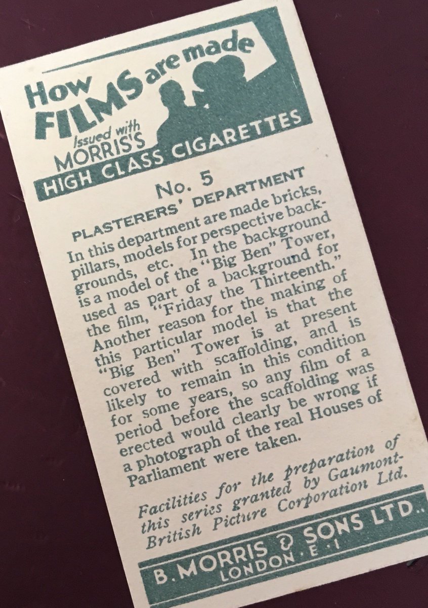 This Morris Cigarette Card shows a 1933 Plasterers’ Department. We have an interview with plasterer Tom Peacock, who describes his 1930s-1960s career, working at Denham, Riverside, Pinewood and Shepperton Studios, and trade unions in the film industry. historyproject.org.uk/interview/tom-…