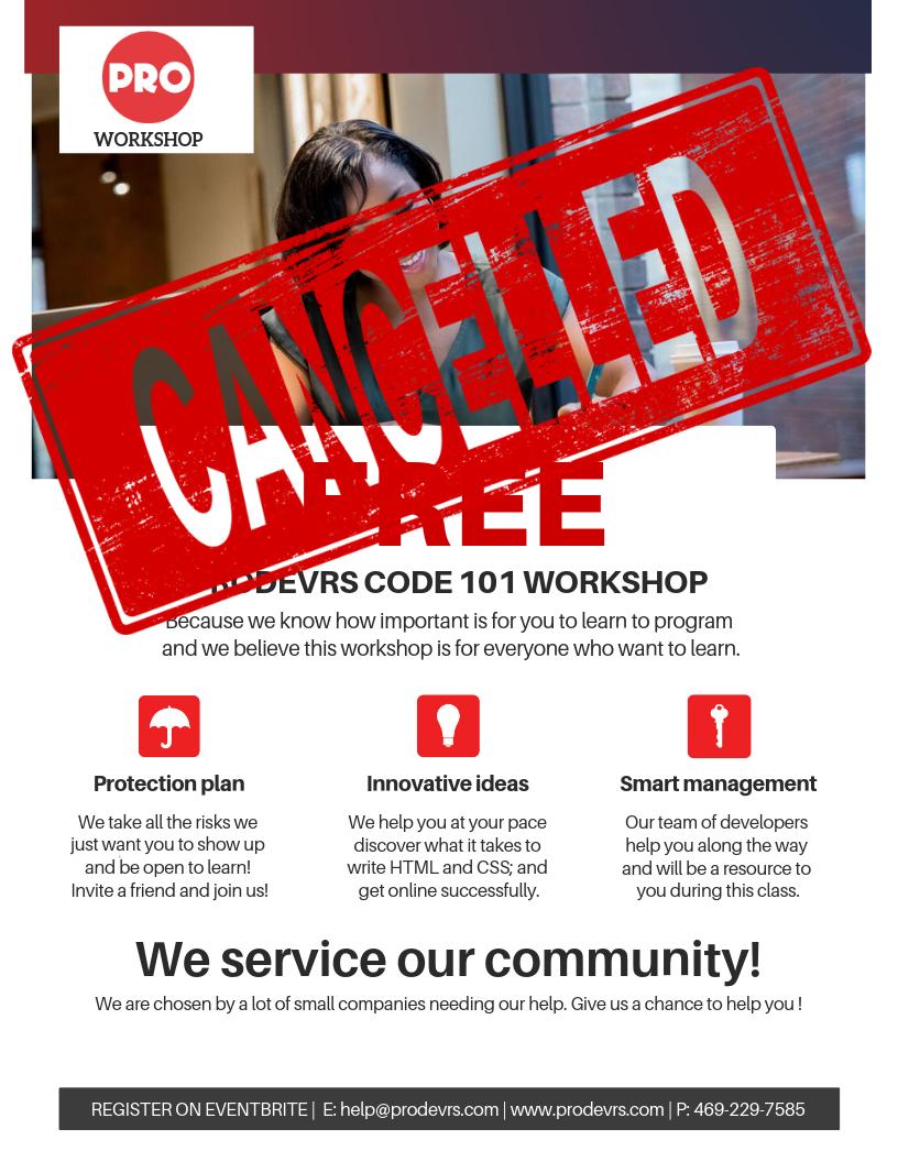 prodevrs's tweet image. Due to unforeseen circumstances, our March Code 101 workshop has been cancelled. Please check back soon for more events updates.