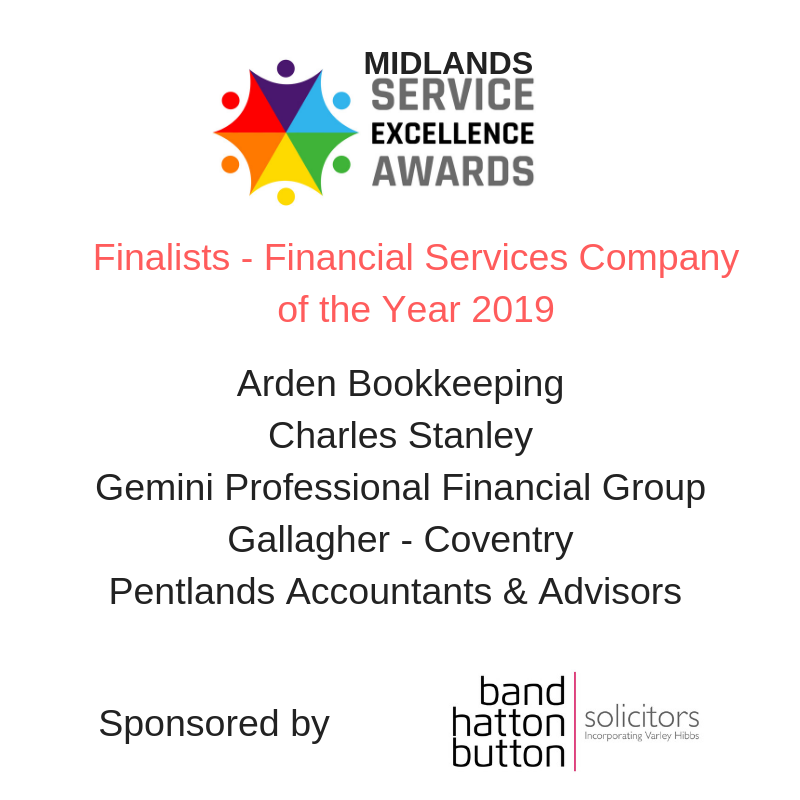 #seawards2019 Finalists-Financial Services Co 2019

Huge congratulations to <a href="/ArdenBookSol/">Arden Bookkeeping</a> Charles Stanley Birmingham <a href="/GeminiProf/">Gemini</a> <a href="/GallaghCovChes/">Cheryll Rawbone, FRSA</a> <a href="/PentlandsTax/">Pentlands Tax</a> Thank you <a href="/BHBlegal/">Band Hatton Button</a> for sponsoring this award
 servieexcellenceawards.co.uk