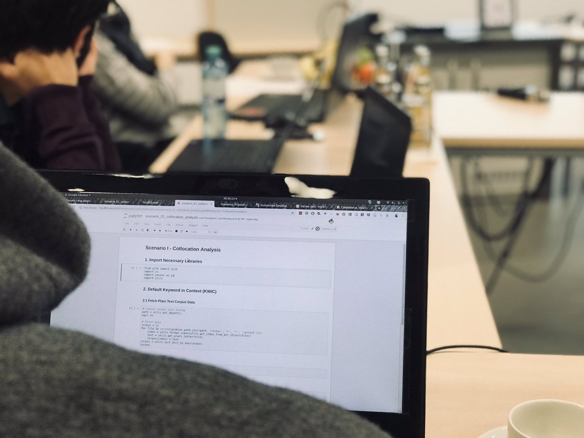 DH_Humanist's tweet photo. Tag zwei unseres Workshops an der @WWU_Muenster startet mit korpuslinguistischer Analyse in @ProjectJupyter mit #Python. Wir wünschen unseren Teilnehmer*innen viel Spaß und spannende Erkenntnisse! #DigitalHumanities https://t.co/jT0fEp3Uce