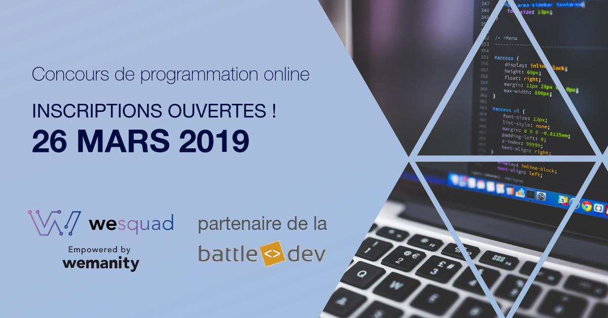 [BATTLE DEV 💻] WeSquad est heureux d’être sponsor de la #BattleDev du <a href="/bdm/">𝔹𝔻𝕄 🪐🛰️</a> pour sa 13e édition ! Mesurez-vous à + de 5000 développeurs et tentez de remporter des prix inédits. On vous donne rendez-vous le 26 mars prochain ! Inscriptions et détails ➡️ ow.ly/jGzP50ma1EN