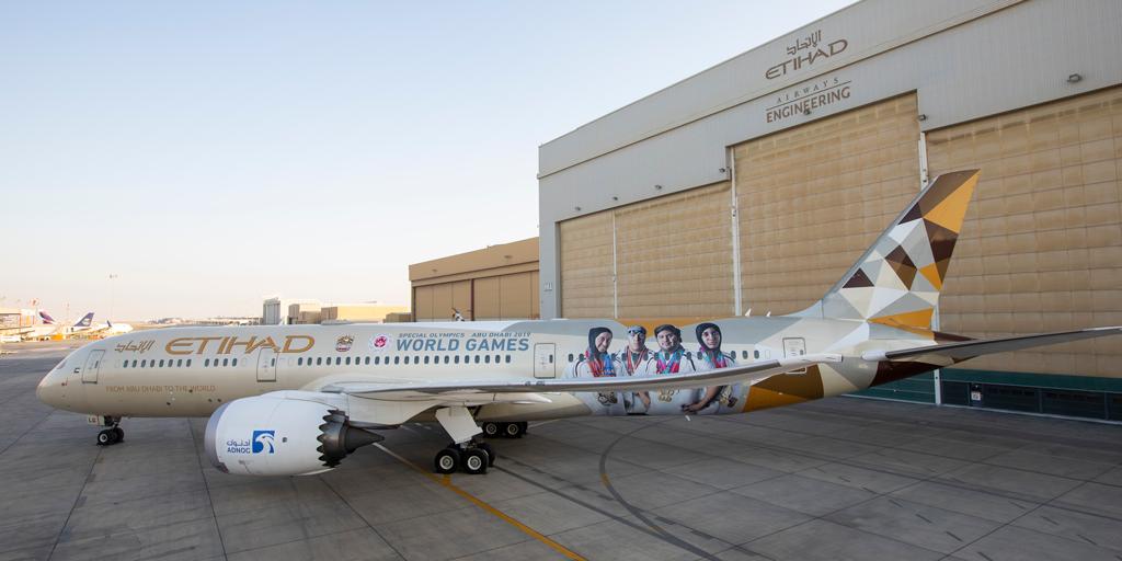 etihad's tweet photo. We've unveiled a striking new livery to promote the Special Olympics World Games Abu Dhabi 2019, which will take place between 14 – 21 March. https://t.co/hKC2eE8QVH