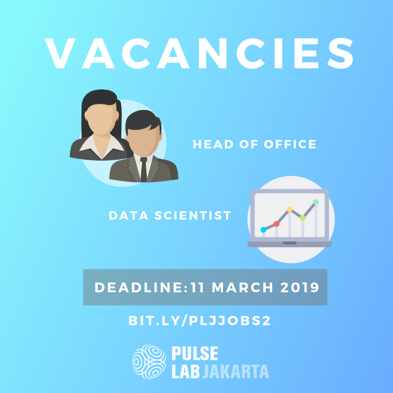 UNGlobalPulseAP's tweet photo. Currently looking for a Head of Office and Data Scientist to join our team. Deadline: 11th March. Interested persons are encouraged to apply here: https://t.co/qfFrAH5jNU #JobVacancy #UNJobs #PulseLabJakarta https://t.co/XZKoR5UUZ1