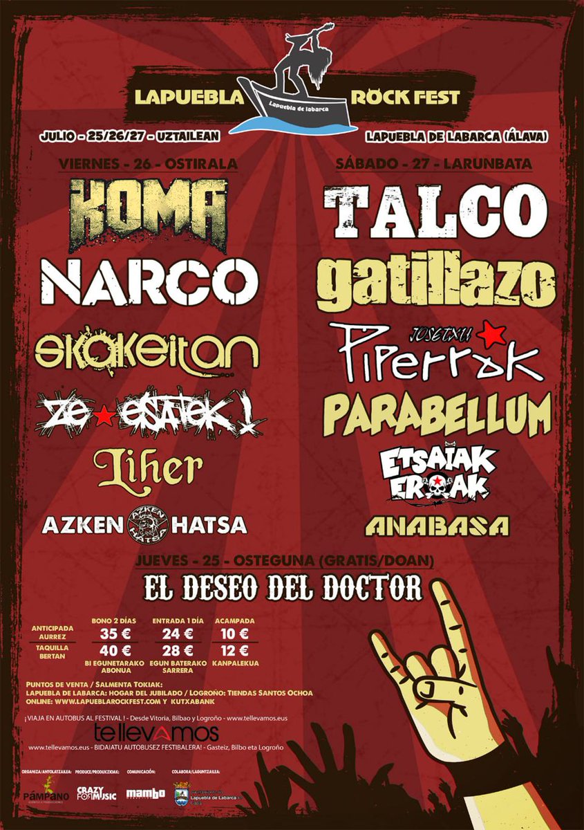 📢 Ya tenemos cartel definitivo de #Lapueblarockfest 🎸
📍Lapuebla de labarca
🗓️ Del 25 al 27 de julio
<a href="/RiojaAlavesa/">Rioja Alavesa</a> <a href="/gaztea/">Gaztea</a> #araba
