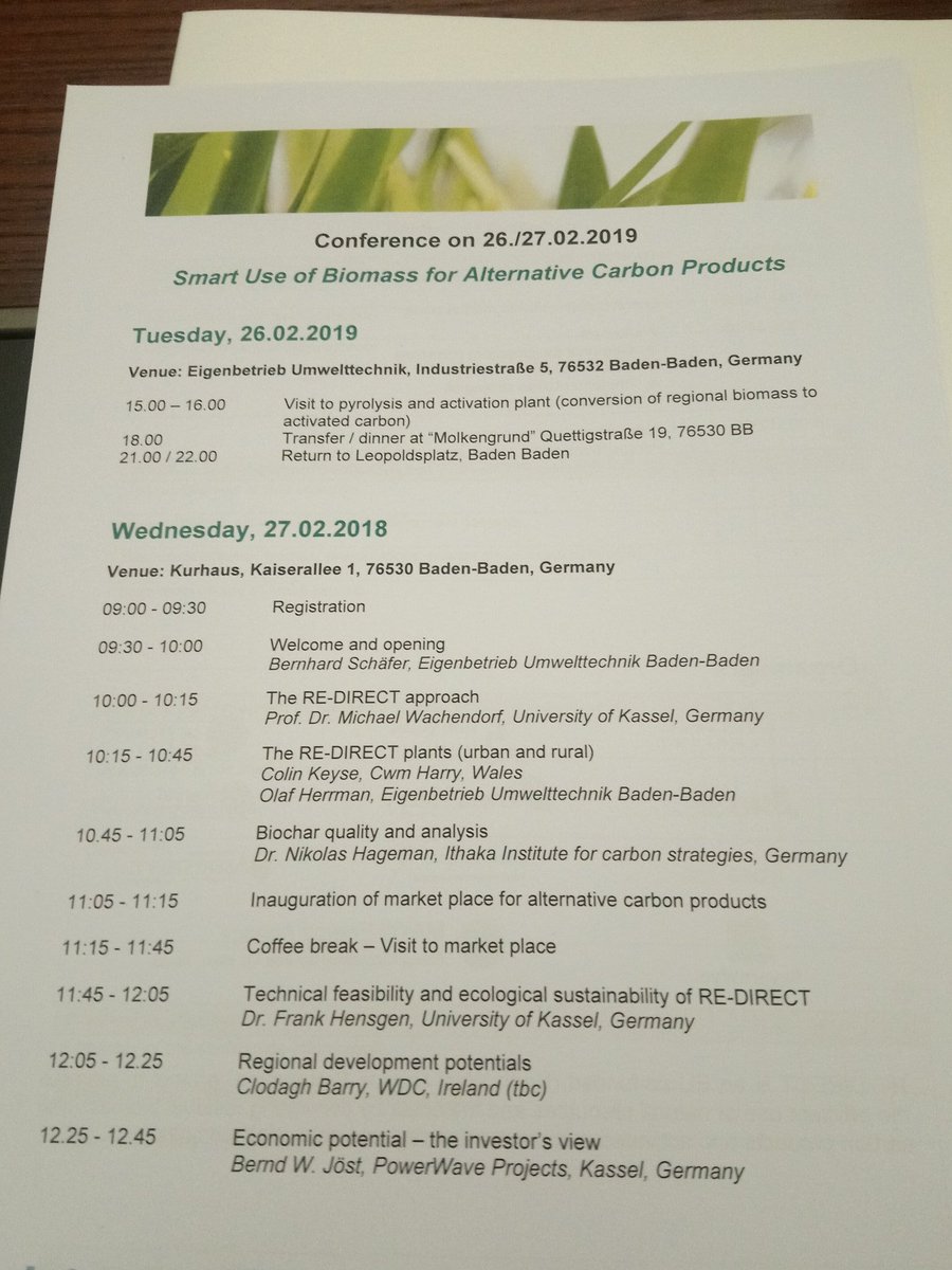 Start of day 2 #redirect_biomass conference, Baden Baden. Day 1- trip to #pyrolisis plant converting biowaste to activated carbon to use in #sewagetreatment and water filtration