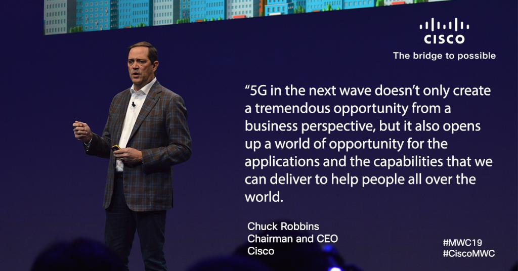 CiscoSP360's tweet image. .@ChuckRobbins challenges attendees at #MWC19: &quot;Think about what we&apos;re able to do.&quot; Explaining use cases in mental health, rural connectivity, and education. #5G #CiscoMWC cs.co/6013EVBMX