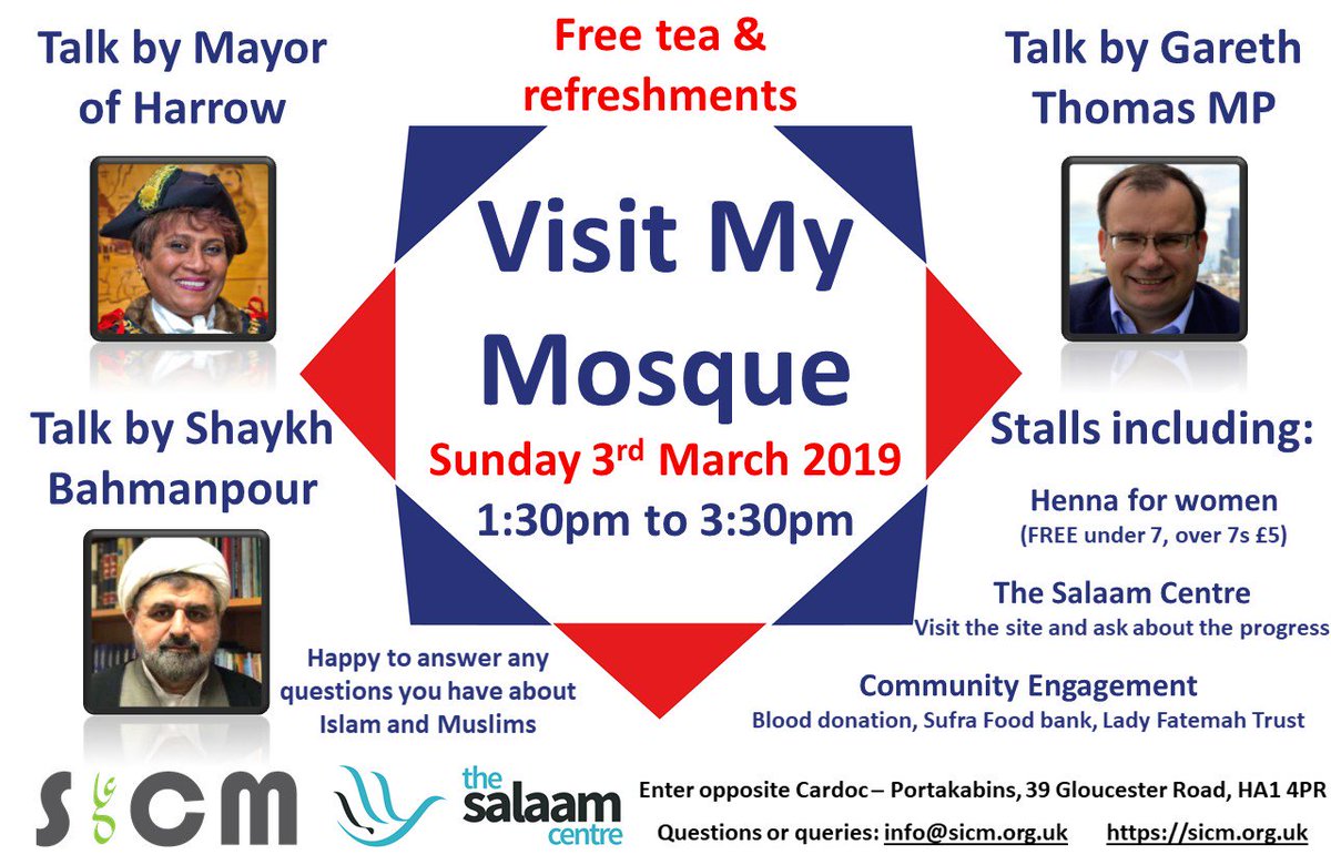 sicm_mahfil_ali's tweet photo. Will you be joining us for Visit My Mosque this year @RevJodyStowell? It would be lovely to have you again. This year the Mayor of Harrow and Rt. Hon Gareth Thomas MP will be joining us. And we have a henna stall - free for under 7s! Come along from 1:30pm. #vmm2019 https://t.co/nfB4FIUYwr