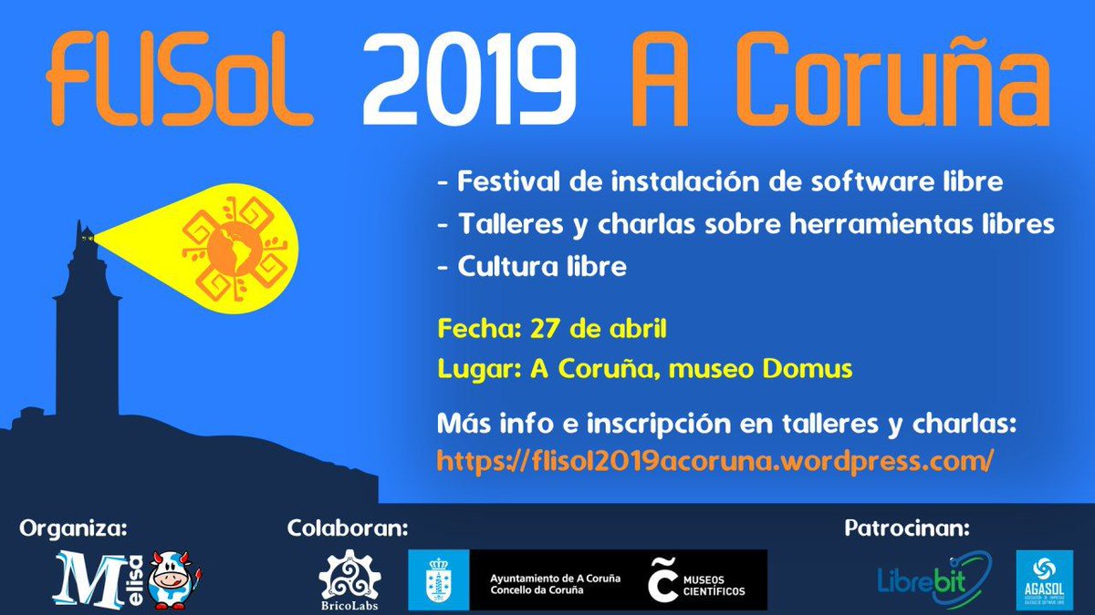 Agasol_SwL (@agasol_swl) on Twitter photo 🙋🏻Reserva a data! O 27 de abril #Coruña acollerá o 15º Festival Latinoamericano de Instalación de #SoftwareLibre (#Flisol) 📌 Está organizado por <a href="/MelisaGal1/">Melisa.Gal</a> e colaboran <a href="/Brico_Labs/">BricoLabs</a> , <a href="/mc2coruna/">Museos Científicos Coruñeses</a> do <a href="/ConcelloCoruna/">Concello da Coruña</a> e patrocinan <a href="/librebit/">librebit</a> e <a href="/Agasol_SwL/">Agasol_SwL</a> 👉🏼 i.gal/FlisolCoruna 🙋🏻Reserva a data! O 27 de abril #Coruña acollerá o 15º Festival Latinoamericano de Instalación de #SoftwareLibre (#Flisol) 📌 Está organizado por <a href="/MelisaGal1/">Melisa.Gal</a> e colaboran <a href="/Brico_Labs/">BricoLabs</a> , <a href="/mc2coruna/">Museos Científicos Coruñeses</a> do <a href="/ConcelloCoruna/">Concello da Coruña</a> e patrocinan <a href="/librebit/">librebit</a> e <a href="/Agasol_SwL/">Agasol_SwL</a> 👉🏼 i.gal/FlisolCoruna