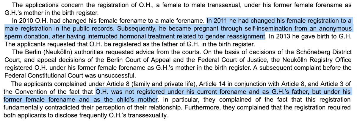 #Transsexualisme &amp; #maternité : La #CEDH accepte d'examiner la requête d'un homme (auparavant femme) qui a donné naissance à un enfant peu après son changement de sexe à l'état civil &amp; qui conteste avoir été désignée comme "mère" sur l'acte de naissance => bit.ly/2BU8bYD