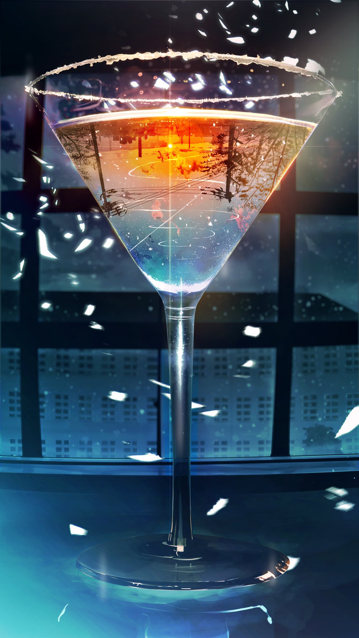 Banishment 水面の下の灯り 実際に青いカクテルを作って参考にしながら どうすればそこに夕日を浮かせることができるのか考えて描きました また思いついたら描いてみます T Co Wdpxbdm8pq Twitter