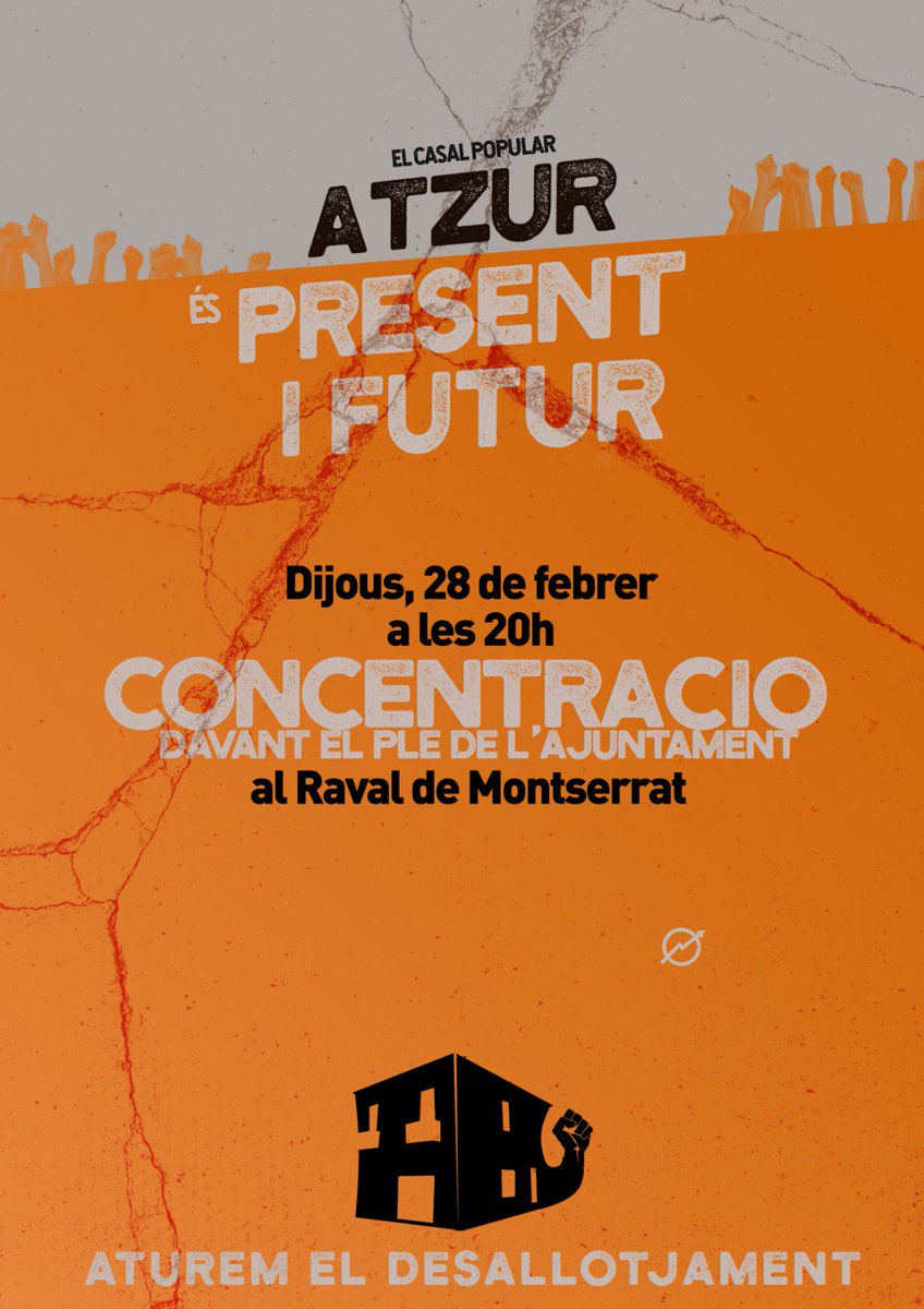 📢 CONCENTRACIÓ al Ple de l'Ajuntament

Aquest dijous 28 de Febrer, a les 20h, convoquem concentració davant @ajterrassa mentre es realitza el darrer ple municipal abans del judici contra l'Atzur. Exigim al Ajuntament que medio entre el Sareb i @CPAtzur

#AtzurPresentIFutur