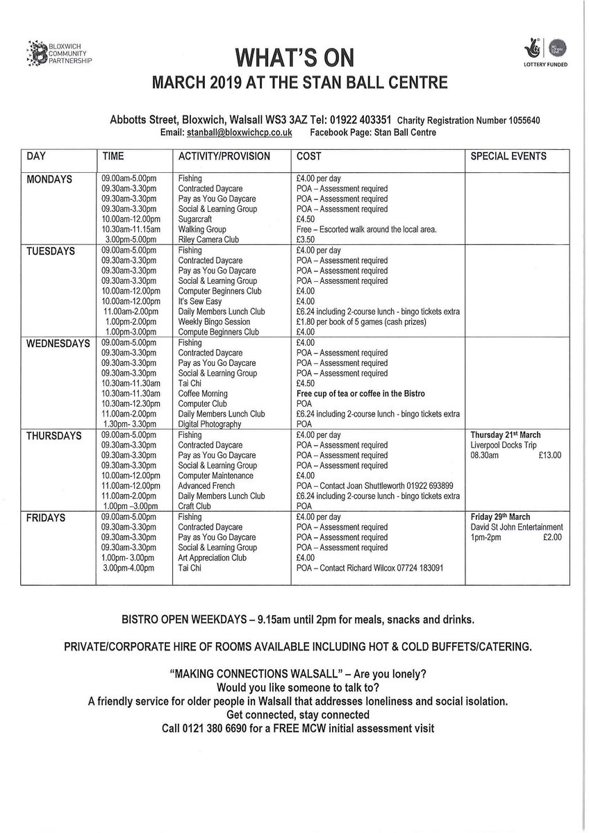 Take a look at our March 2019 What's On at the Stan Ball Centre, for details of all activities, classes, trips and events taking place during the coming month.   Call Karen on 01922 403351 for further information.