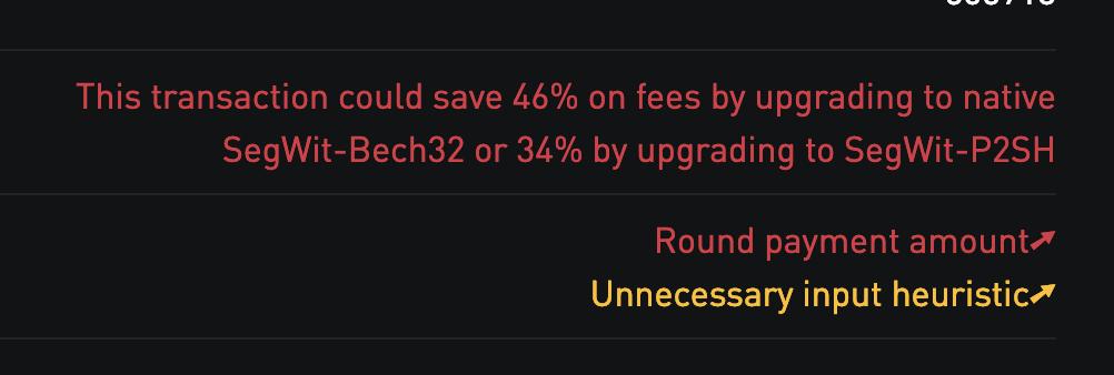 notgrubles's tweet photo. Some examples of the privacy ratings + segwit savings analysis on https://t.co/jTs5LBrlV8.
First off is a transaction spending from a legacy address & spending much more on fees, spending a round payment amount (eg. 1.0), & using unnecessary inputs (https://t.co/UOuTvuF5Yg). https://t.co/MoIgbVSJT5