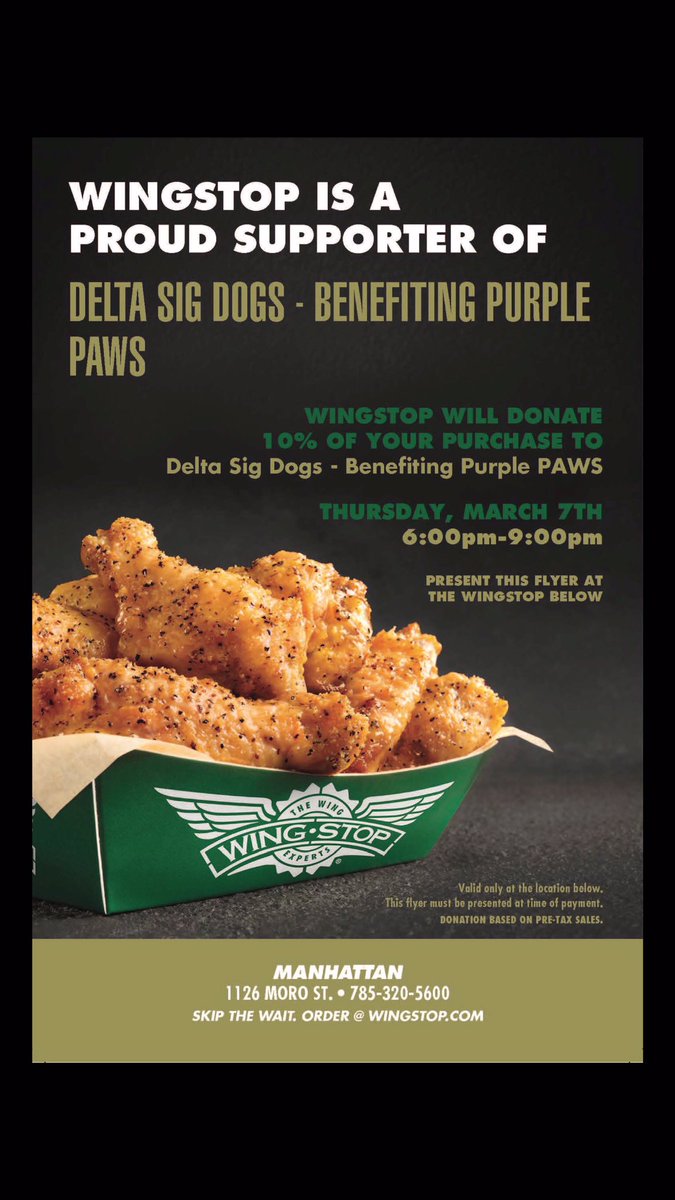 DeltaSigDOGS's tweet photo. Tomorrow March 7th stop by Wing Stop between 6pm - 9pm! 10% of all sales including online orders will be donated to Delta Sig Dogs! We hope to see you there! https://t.co/RXX7LmGWh2
