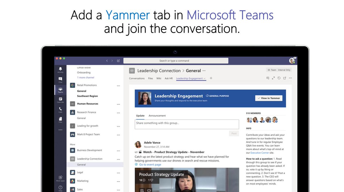 MicrosoftTeams's tweet photo. Users can now add a @Yammer tab to their #MicrosoftTeams channel! Explore the different ways you can use a #Yammer tab in Teams, like organizational changes, event production, software rollout projects, and in marketing and sales. https://t.co/YAzajxNNSa https://t.co/I8AFz4nsYE