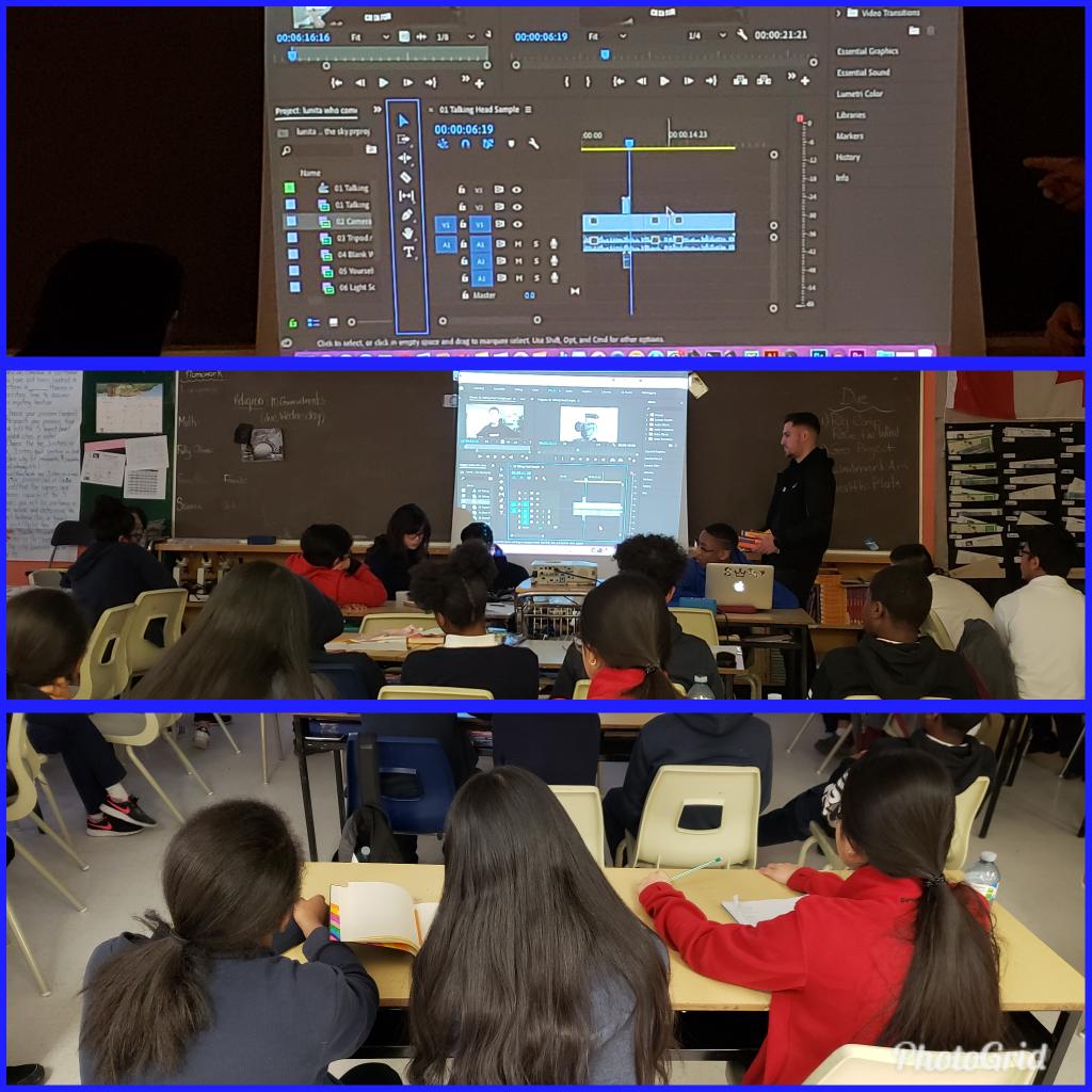 TeachVocation's tweet photo. Grade 8s @deSalesTCDSB learning #VideoMaking skills from Videographers Alex and Reggie...Tools to overlay, add music, pictures and make a video that is professionally made! Students learning https://t.co/2Ps2pdaaw0