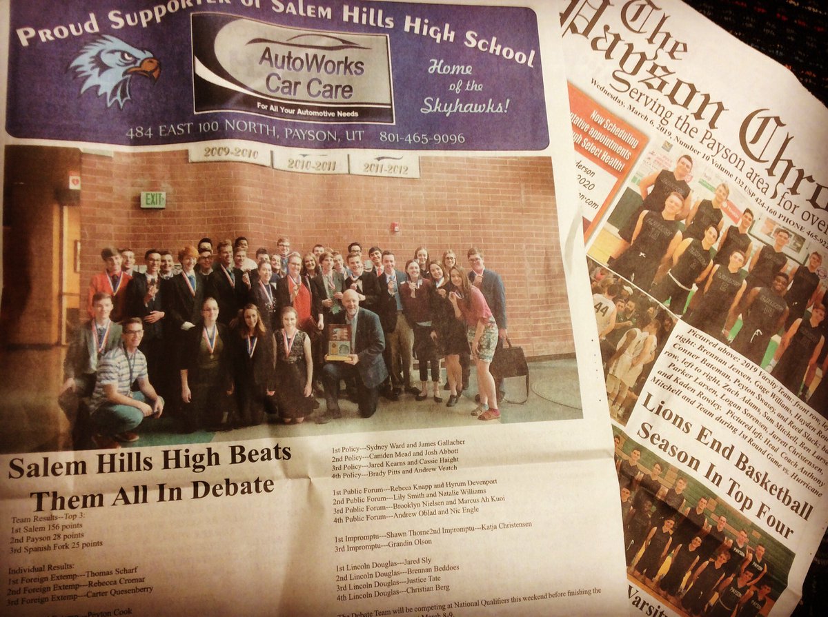 PaysonChronicle's tweet photo. Meet the champions of sport and debate #inthisweeksedition of The Payson Chronicle. Copies at local shops, grocery and convenience stores. #readthepaysonchronicle #phslions #basketball #shhs #skyhawks #debate #utah #neboschooldistrict https://t.co/PYz2vARzE2