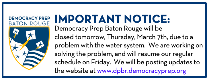 DPBatonRouge's tweet photo. IMPORTANT NOTICE: DPBR will be closed tomorrow, Thursday, March 7th, due to a problem with the water system.  We are working on solving the problem, and will resume our regular schedule on Friday.  Updates will be posted to the website https://t.co/7rVcsJB2xj https://t.co/46jUYou99H