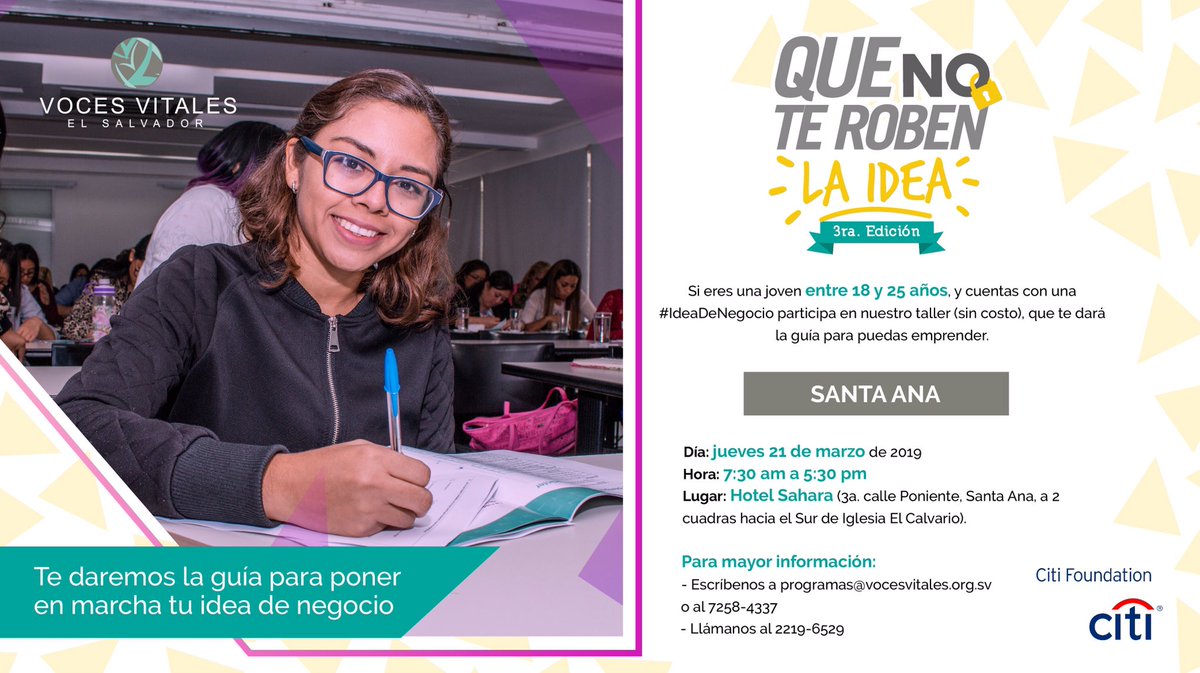 VocesVitalesSV's tweet photo. Citi Foundation y Voces Vitales, te invitamos al taller #QueNoTeRobenLaIdea en su tercera edición.
Para inscribirte, haz click en el enlace https://t.co/h2K0Q34vlx
#Mujeres #SoyEmprendedora #Emprendedoras #Entrepreneur #Empowered #QueNoTeRobenlaIdea #Jovenes #Vocesvitales #VVES https://t.co/PiqseexDO4