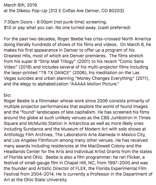 DikeouArt's tweet photo. Join us tonight at Dikeou Pop-Up: Colfax as we invite filmmaker, Roger Beebe, for his first appearance in Denver! 
#rogerbeebe #filmmaker #filmevent #collectivemisnomer #dikeoucollection #dikeoupopup #contemporaryart #artcollection https://t.co/OtNlY5bRs8