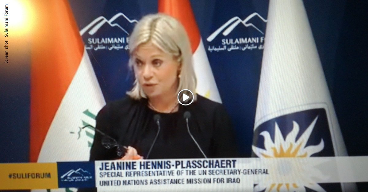 UNIraq's tweet photo. Special Representative for #Iraq of the UN Secretary-General, Jeanine Hennis-Plasschaert at #SuliForum:  Excluding women from the political process, is to ignore half of Iraq’s potential, half of Iraq’s talent and half of Iraq’s energy. The country cannot afford to do that. https://t.co/6GiUN5P4cH