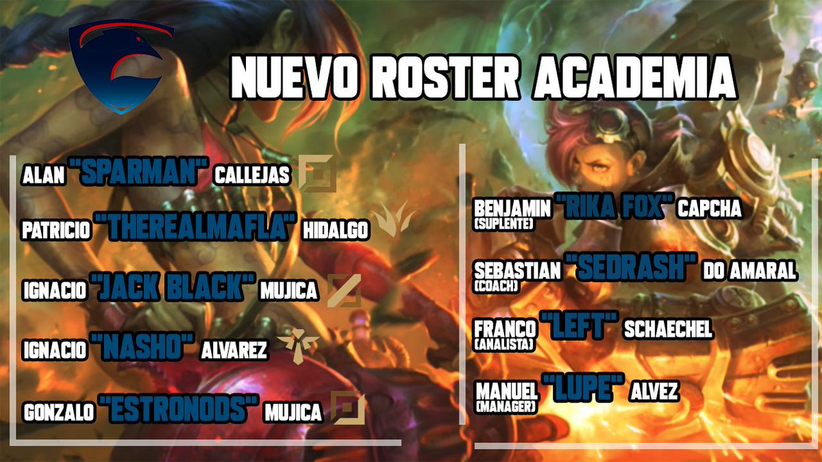 MartrixeEsports's tweet photo. ¡🇨🇱@DarkCrowsLoL presenta su roster academia!
🇦🇷#Sparman
🇨🇱@TheRealMafiaLAS
🇨🇱#JackBlack
🇨🇱#Soporte
🇨🇱#Estronods
🇵🇪@RikaFoxLoL (Suplente)
🇺🇾@SedrashLoL (Entrenador)
🇦🇷#Left (Analista)
🇦🇷@HzD_ManuelAlvez (Manager) https://t.co/nYSulASFxU