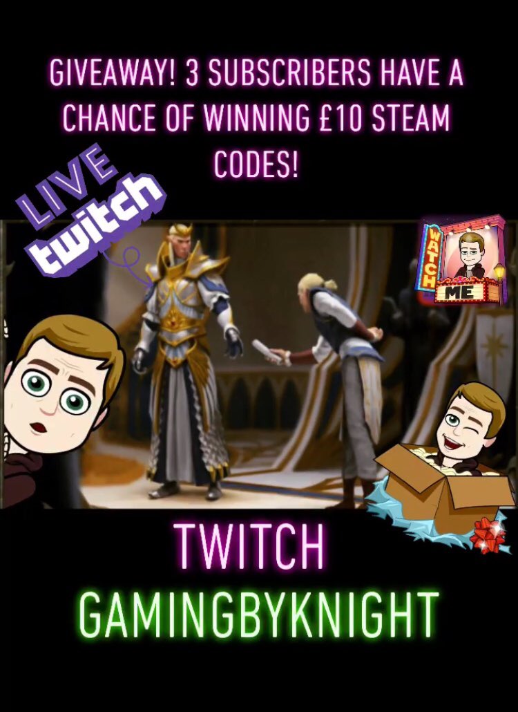 GIVEAWAY! 3 subs have a chance of winning £10 steam code🍻👏Happy Gaming!
twitch.tv/gamingbyknight
<a href="/Twitch/">Twitch</a> <a href="/TwitchSIE/">𝕋𝕨𝕚𝕥𝕔𝕙𝕊𝕀𝔼</a> <a href="/TW_Warhammer/">Total War: Warhammer</a> <a href="/TwitchPrime/">PrimeGaming</a> <a href="/SupStreamers/">Support Streamers</a> <a href="/TwitchSharing/">Sharing Your Stream!</a> <a href="/TwitchTVOnline/">TwitchTV Online (Fan page)</a> 
#twitchstreamer #SupportSmallerStreamers #SmallStreamersCommunity #smallstreamersconnect