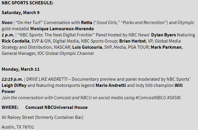Nbc Sports Pr On Twitter Unforettable Dylanbyers Leighdiffey To Moderate Nbc Sports 3 Discussions At Sxsw At Comcastnbcuniversal House Https T Co M7j1e63eni