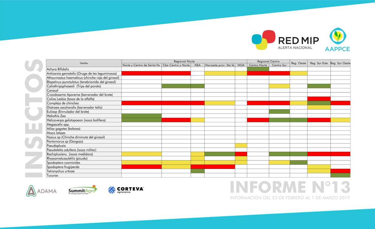 🐛 🌱Situación de insectos en cultivos de verano, en las principales zonas productivas del país.  Podés chequear la situación de enfermedades y malezas en el último  #InformeRedMIP aquí 👉bit.ly/2UpBLfw
#RegionalesAAPPCE #RedMIP #TrabajoEnRed #YoMonitoreo 🔍