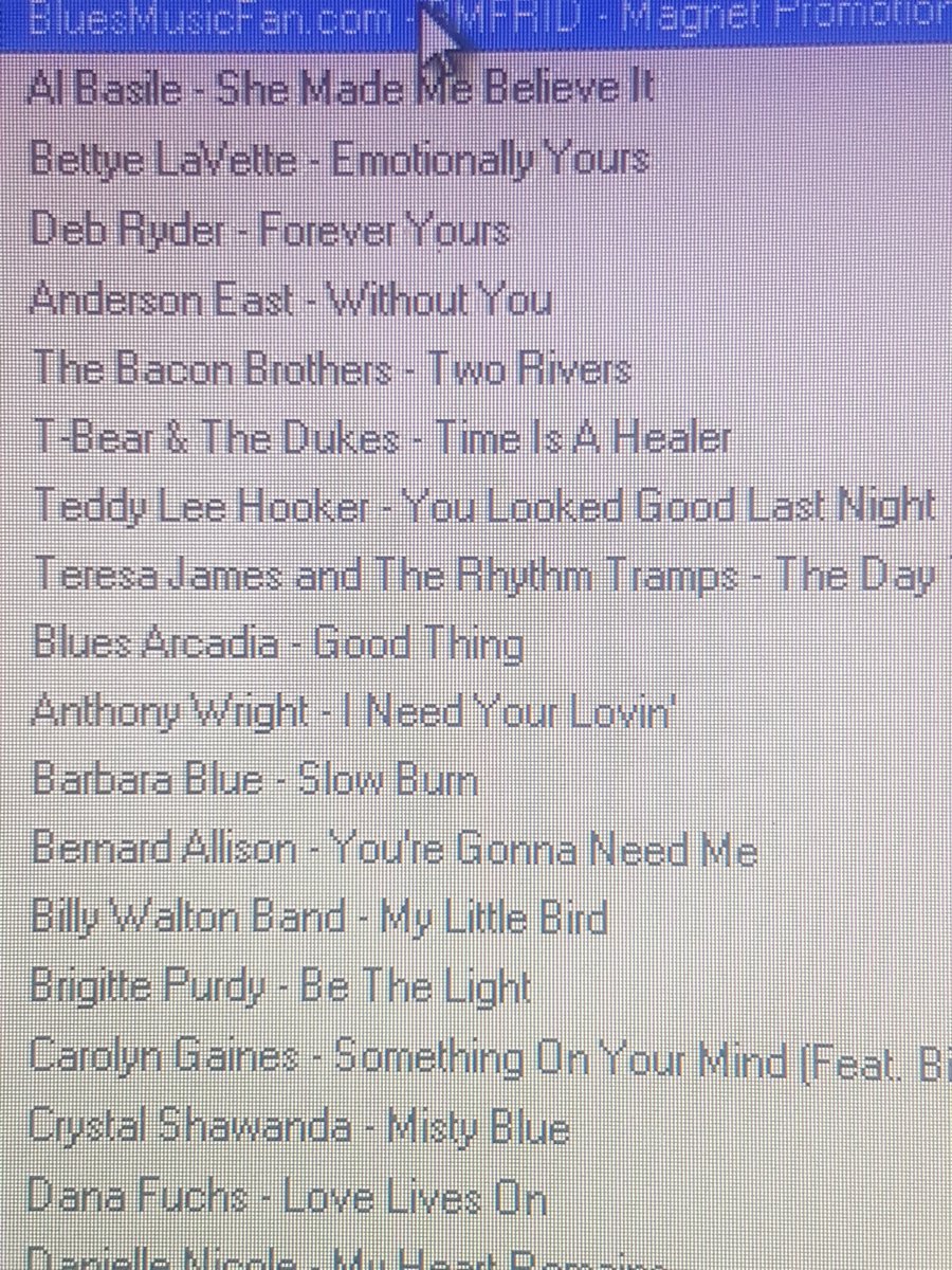 DjMooni's tweet photo. Playlist for Today :
#AlBasile
@BettyeLaVette
#DebRyder
@Andersoneast
#TheBaconBrothers
#TBear&TheDukes
#TeddyLeeHooker
#TeresaJamesandtherhythmtramps
#BluesArcadia
#AnthonyWright https://t.co/UPmwi7LoLB