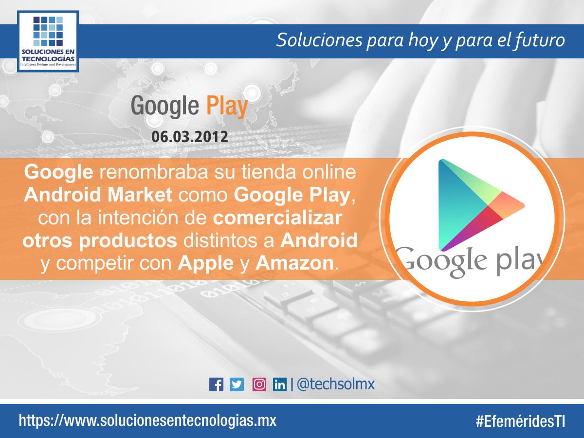 techsolmx's tweet photo. Un día como hoy (06/03/2012): Google renombraba su tienda online Android Market como Google Play, con la intención de comercializar otros productos distintos a Android y competir con Apple y Amazon. #EfeméridesTI #Google #AndroidMarket #GooglePlay https://t.co/0CrC3wF3xY https://t.co/Dx1ELP4m8v