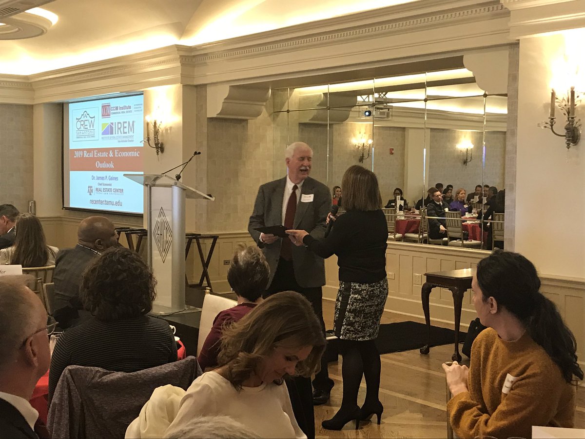 CREWSA's tweet photo. Thank you to all who attended @CREWSA @CCIMsa and @IREM_info Joint Luncheon yesterday! We had a packed house for @TexRec Dr. Jim Gaines’ informative economic and market update on our great City and State! 2019 should be another year great year for #CRE! #CREWSA https://t.co/U8n7knMhgi