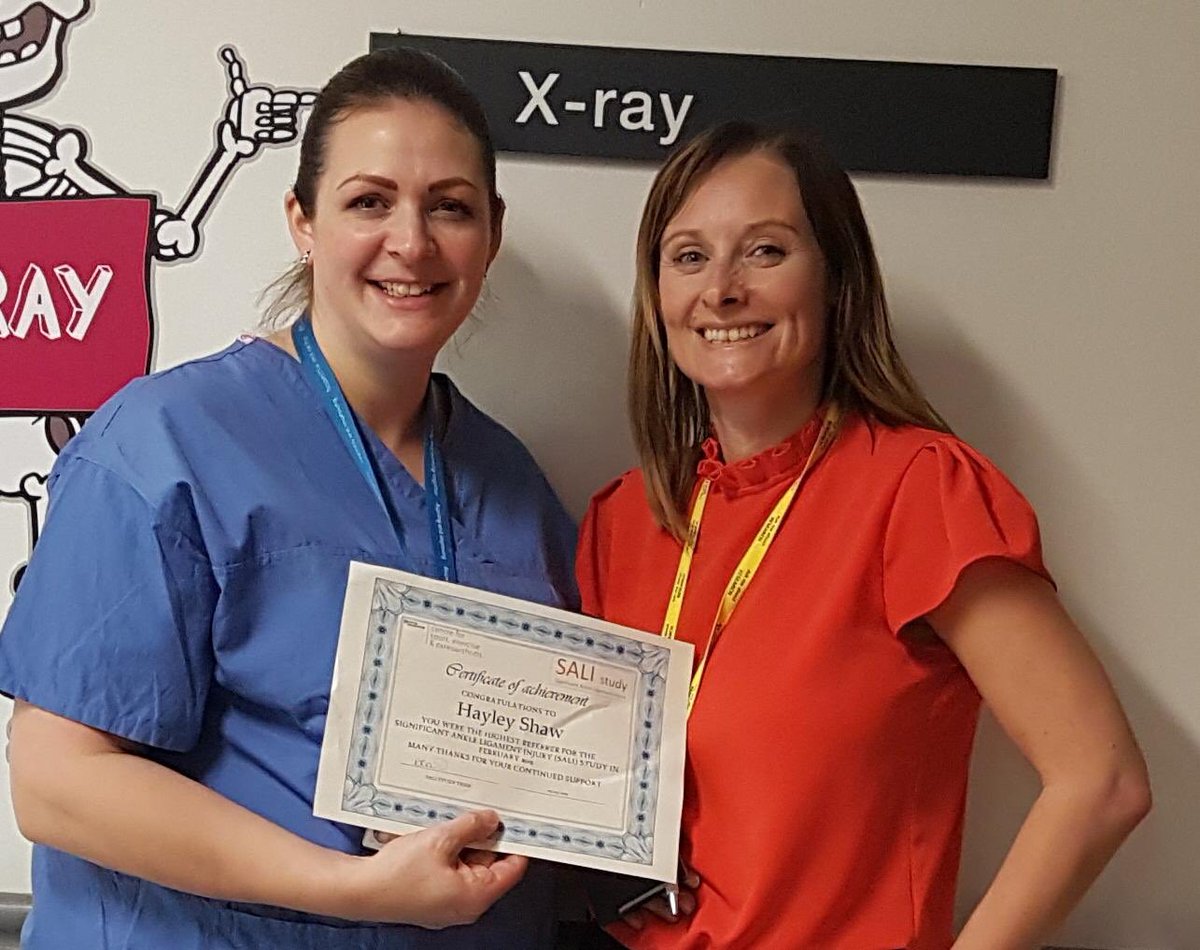 Congratulations to our January & February winner ENP Hayley Shaw from ED. Who referred the most participants to the SALI trial. Getting us off on on the right foot @SFHresearch @SFHFT @RichardED_1998 @CentreforSEOA #ligamentinjury #anklesprain #teamresearch #teamSFH