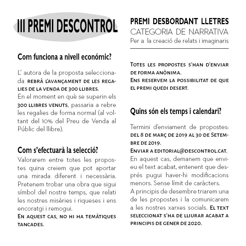 DescontrolEd's tweet photo. [Premi Descontrol] Obrim plaços d'enviament de propostes el proper 8 de març. Aquest any doble premi #DesbordantLletres (#literatura) #CercantCrítica (#assaig).
Més informació a la web de #descontroleditorial >> https://t.co/4BQ3O3vFme 
#PremiDescontrol2020 #premiDescontrol https://t.co/nsJofmi4lK