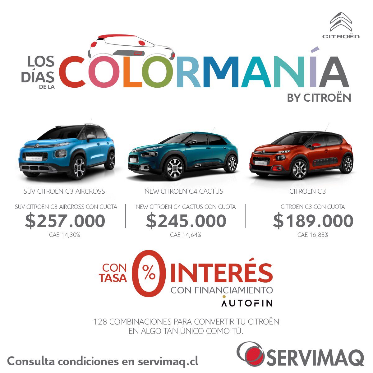 ✅ Ya comenzaron los días de la Colormanía de Citroën! Con tasa de 0% interés con financiamiento Autofin. 😱
Cotiza en servimaq.cl y en nuestras sucursales de #Osorno, #Puertomontt y #Castro 🔽