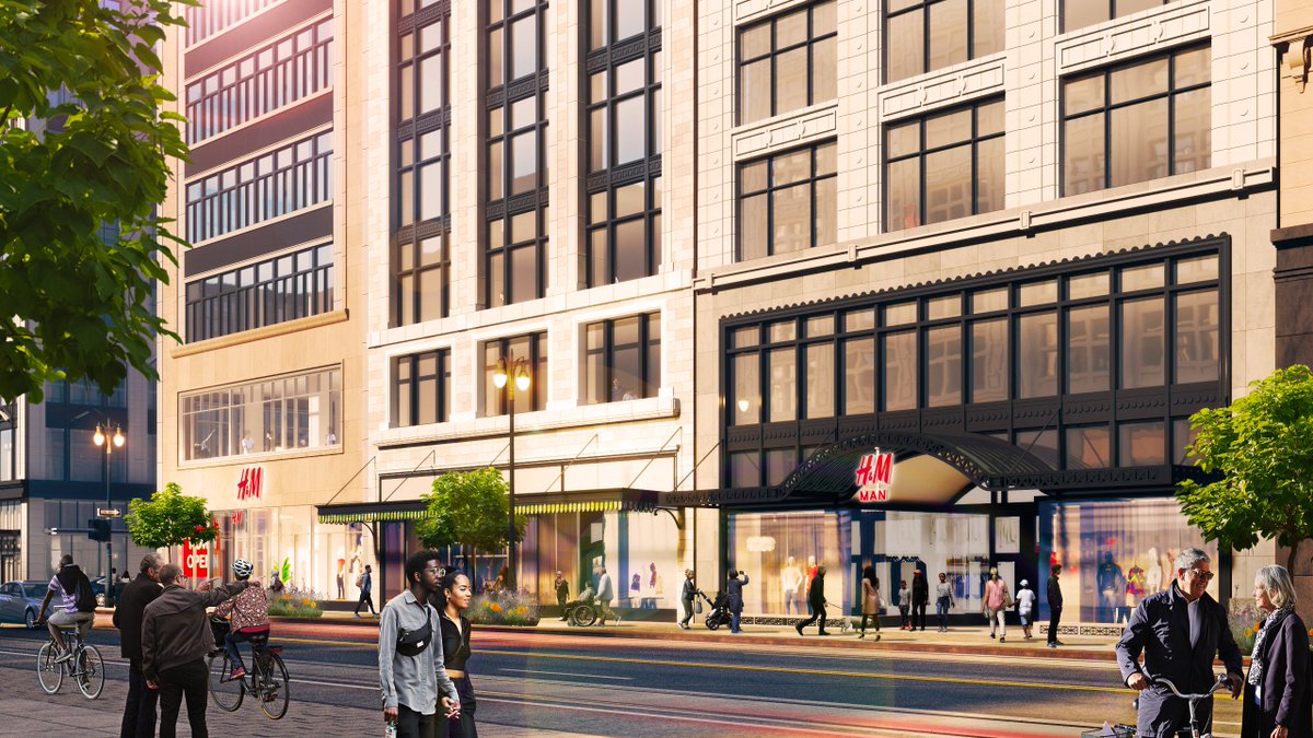 BedrockDetroit's tweet photo. We are excited to announce that H&amp;M will open its first Detroit location in the historic Woodward Avenue shopping district in Fall 2019. The store will become Bedrock's largest retailer, totaling 25,000 square feet, spanning across three Albert Kahn-designed store fronts. https://t.co/bnDRjaE3jP