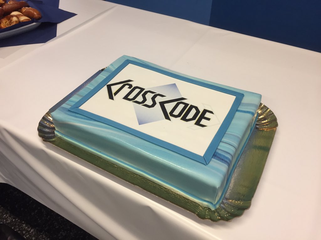 lachsen's tweet photo. My presentation is over and then they brought a #CrossCode cake!! This is the best event ever!! @SaarlandMedien https://t.co/7RCF2Ljs42