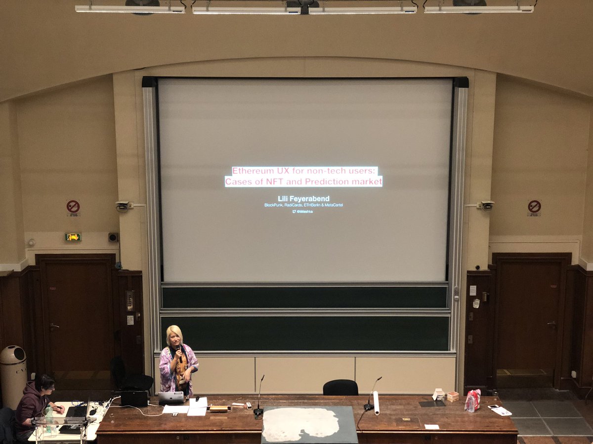 .<a href="/lililashka/">lili.hl ✰ ツ</a> (and her dark matter), from <a href="/blockpunk/">ぱいる</a> <a href="/Radi_Cards/">RadiCards</a> <a href="/ETHBerlin/">ETHBerlin04</a> and <a href="/meta_cartel/">MetaCartel</a>. Talks about #Ethereum broken UX, NFTs and Prediction Markets.
A bit behind schedule 🚨 but doesn’t affect talks quality at all! 
Livestreams available on ethcc.io