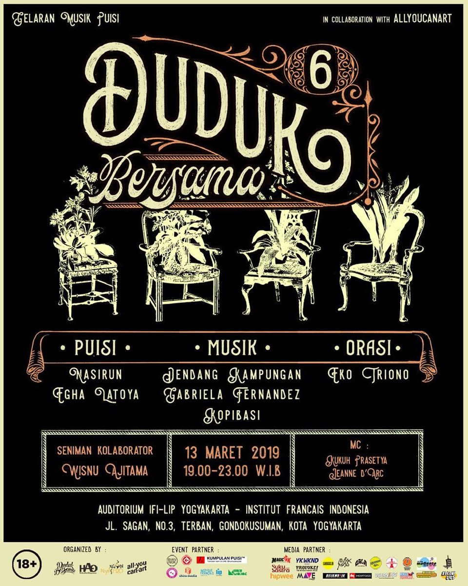 .
Rabu, 13 Maret 2019, 19.00-23.00 Auditorium @ifiyogyakarta
Jalan Sagan, no. 3, Terban, Kota Yogyakarta
.
Info:
musikpuisi@gmail.com
youtube.com/channel/UCFuV9…
.
Poster: <a href="/hendryjuanda/">hendryjuanda</a> X <a href="/iweramadhan/">Iwe </a>
.
#musikpuisi #eventsastra #sastrajogja #sastraindonesia #huhumorganizer