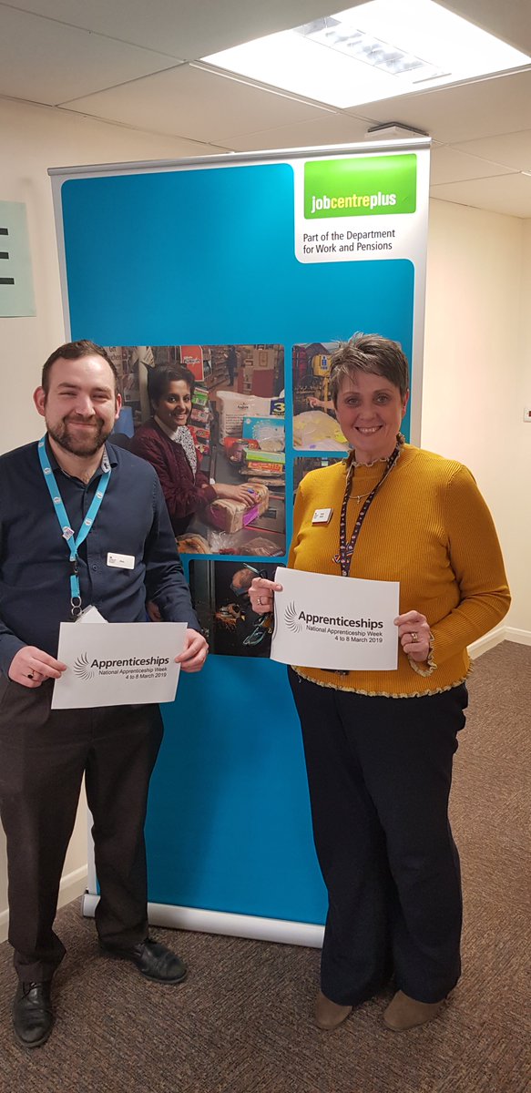 Our current Apprentice Alex &amp; Manager Adele promoting #NationalApprenticeshipWeek in Chester Jobcentre today #NAW2019 #Cheshire #Chester