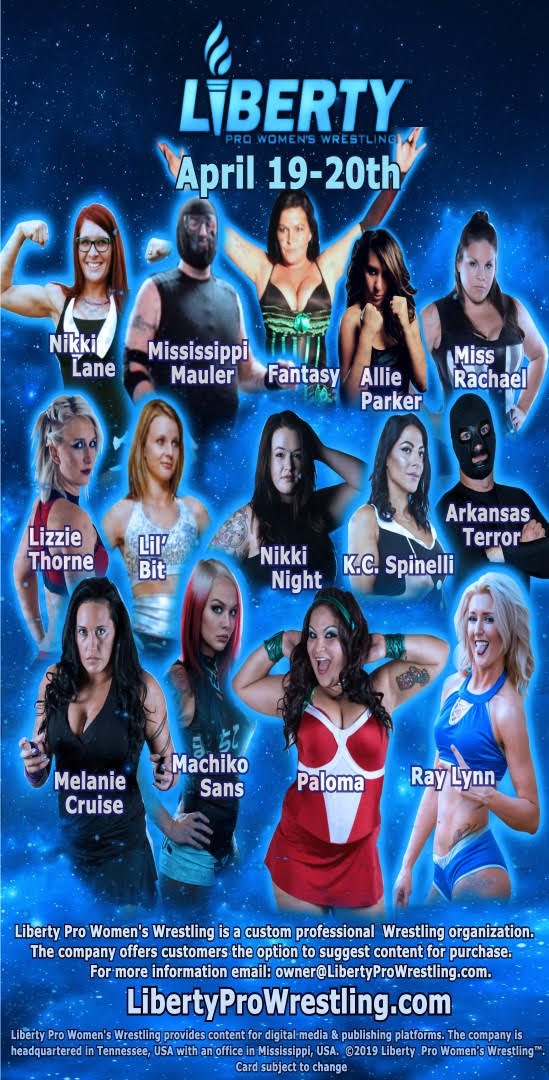 LibertyProWres's tweet photo. The April 19-20 #LibertyPro roster!
#NikkiLane
@therealfantasy
#AllieParker
#MissRachel
#LizzieThorn
#LilBit
@Nikki__Knight
@Kc_Spinelli
@melaniecruise77
@machi_slams
#RayLynn
Visit our website for more information - https://t.co/n52zDE6B2l https://t.co/V1XT6CQYmN