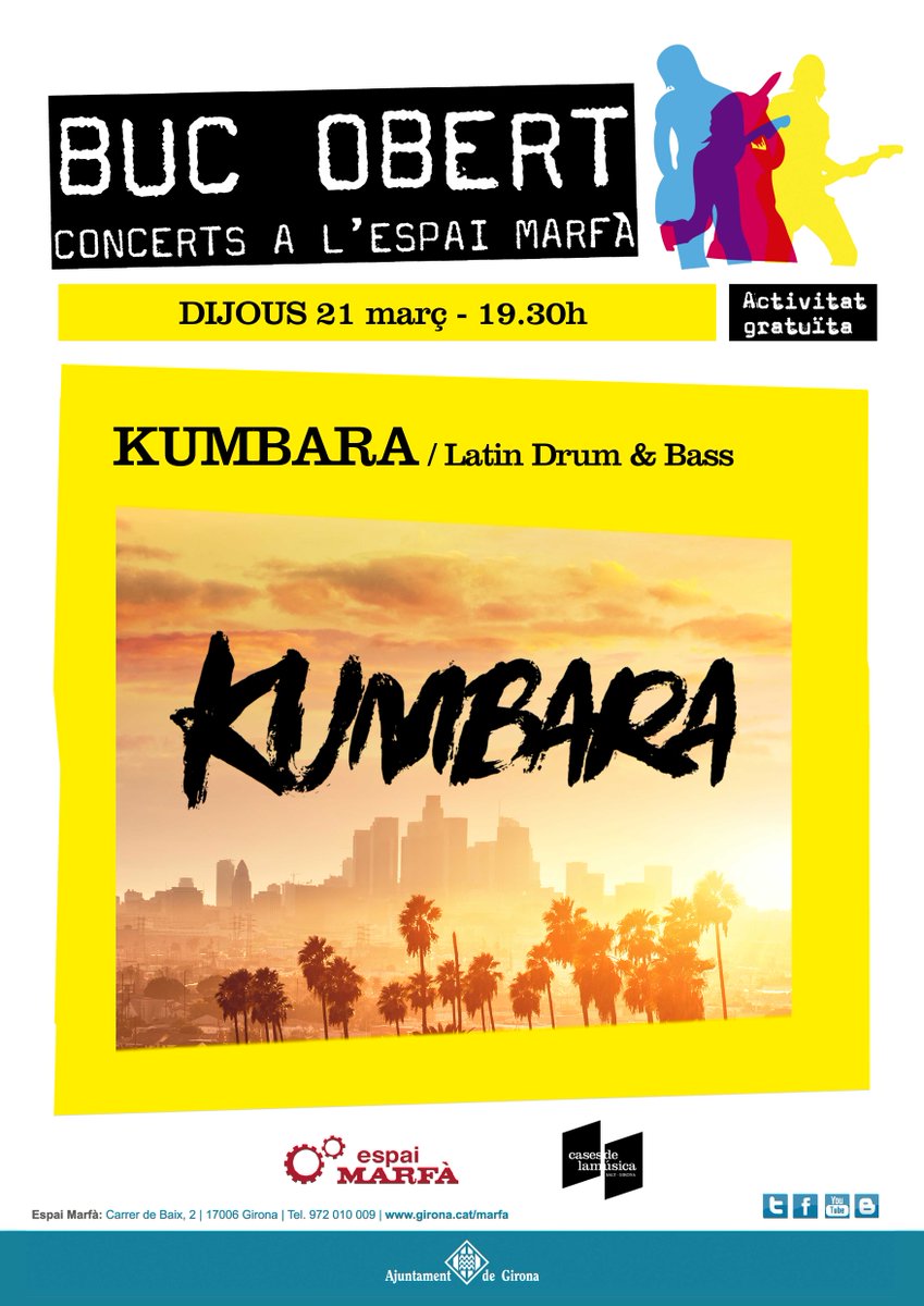 LaMarfamusica's tweet photo. Sabeu que aquest mes, al #BucObert gaudirem de l'estrena de l'EP "Gira por Ti" de #Kumbara? Us esperem el dijous 21 a les 19.30 h per gaudir de la música latin, reggae i electrònica, en un directe potent, festiu i ballable! + info: https://t.co/5jZGkqcA5k @casamusicagi #livemusic https://t.co/bbmCTJA84U