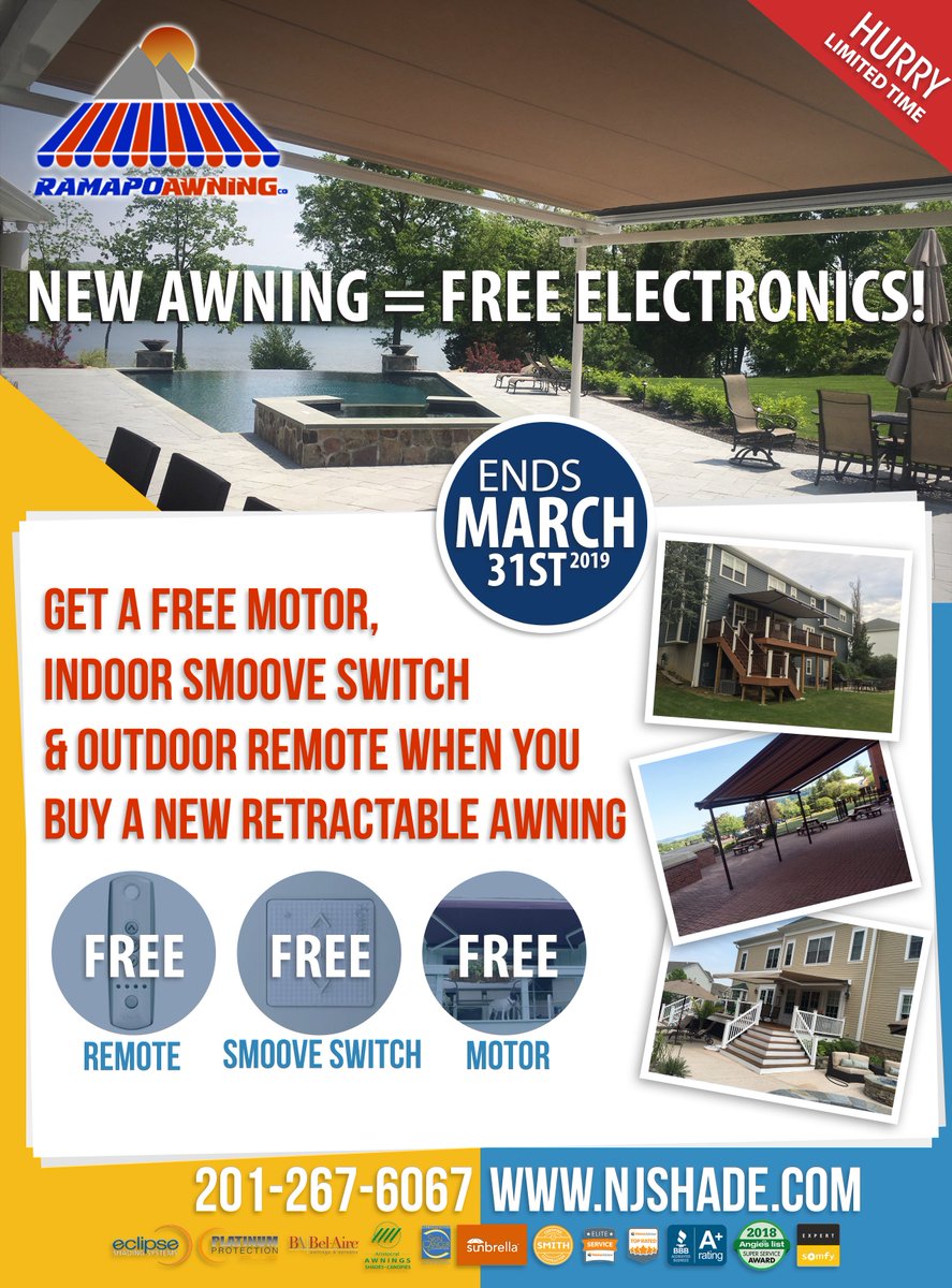 RamapoAwning's tweet image. Free electronics* with the purchase of a new retractable awning!! Offer ends 3/31/19 #newawning #freeelectronics #5starcompany #retractableawning