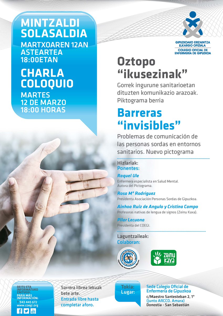 🔈 Queremos visibilizar las barreras de comunicación que viven las personas #sordas en cualquier entorno sanitario y organizamos una charla-coloquio abierta a las enfermeras y a la ciudadanía. 
👉 12 de marzo. 18,00 horas, en la sede del Colegio. ℹ️ bit.ly/2C8yTwv